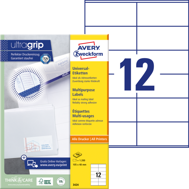Lipnios etiketės Avery Zweckform, A4, 105x48mm, 12 etikėčių lape, be rėmelio, 100 lapų, baltos spalvos spalvos