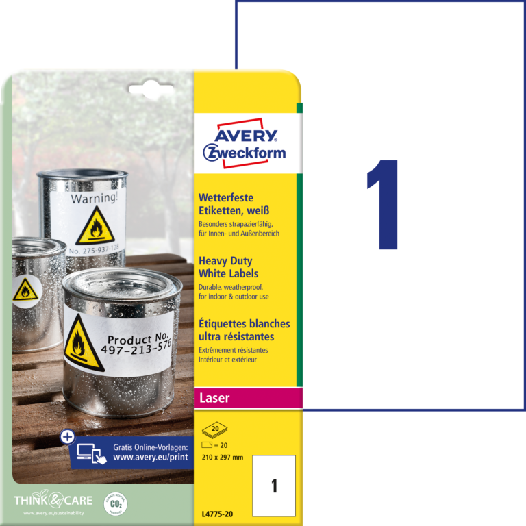 Lipnios etiketės Avery Zweckform A4, atsparios drėgmei, 210x297mm, 1 etiketė lape, 20 lapų, baltos spalvos