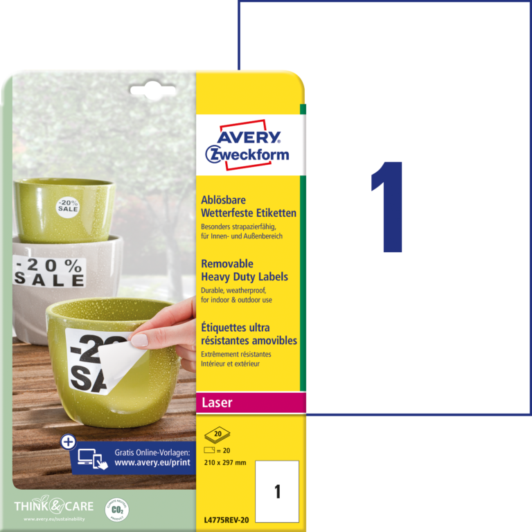 Lipnios etiketės Avery Zweckform, A4, atsparios drėgmei, 210x297mm, 1 etiketė lape, 20 lapų, baltos spalvos