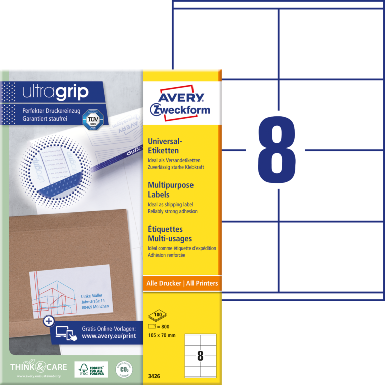 Lipnios etiketės Avery Zweckform, A4, 105x70mm, 8 etiketės lape, su rėmeliu, 100 lapų, baltos spalvos