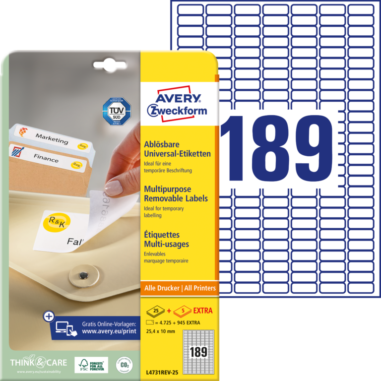Lipnios etiketės Avery Zweckform, A4, 25.4x10mm, nuimamos, 189 etiketės lape, 25 lapai
