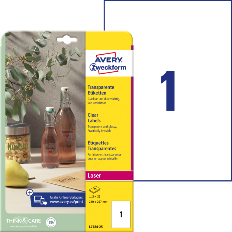 Lipnios etiketės Avery Zweckform, A4, 210x297mm, 25 lapai, skaidrios
