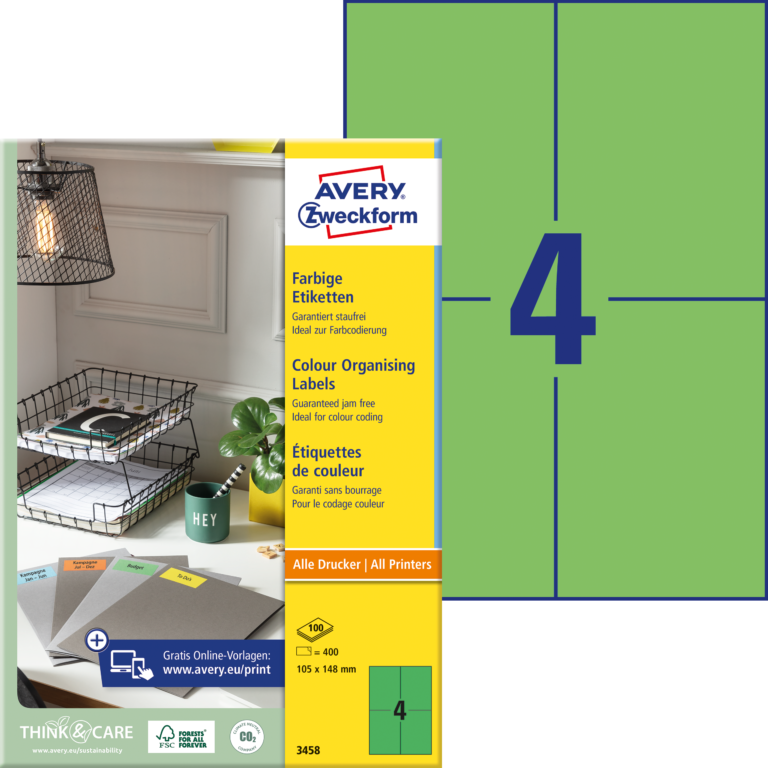 Lipnios etiketės Avery Zweckform, 105x148mm, 4 etiketės lape, 100 lapų, žalios spalvos