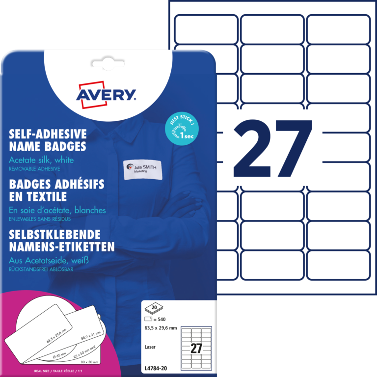 Etiketiniai vardų lipdukai Avery Zweckform, A4, 63,5×29,6mm, 27 etiketės lape, 20 lapų, baltos spalvos
