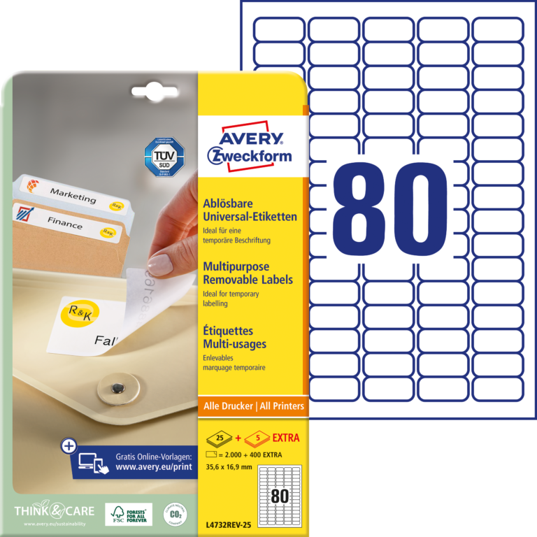 Lipnios etiketės Avery Zweckform, A4, nuimamos, 35.6×16.9mm, 25 lapai, baltos spalvos