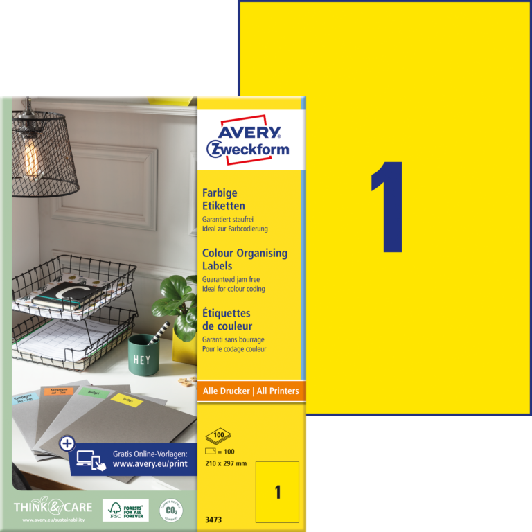 Lipnios etiketės Avery Zweckform, A4, 210x297mm, 1 etiketė lape, 100 lapų, geltonos spalvos