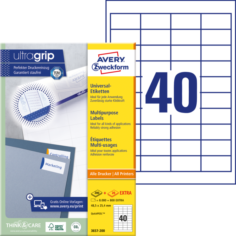 Lipnios etiketės Avery Zweckform, A4, 48,5×25,4mm, 40 etikečių lape, 100 lapų, baltos spalvos