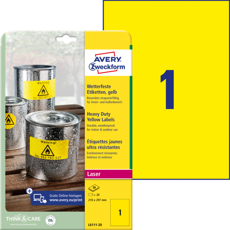 Lipnios etiketės Avery Zweckform, A4, atsparios drėgmei, 210x297mm, 1 etiketė lape, 20 lapų, geltonos spalvos