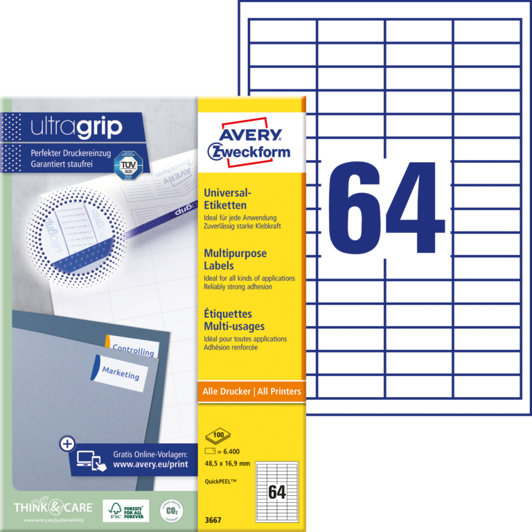 Lipnios etiketės Avery Zweckform, A4, 48,5×16,9mm, 64 etiketės lape, 100 lapų, baltos spalvos