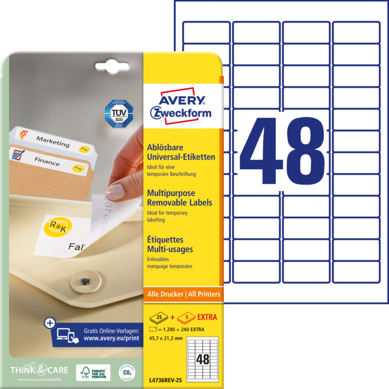 Lipnios etiketės Avery Zweckform, A4, nuimamos, 45.7×21.2mm, 48 etiketės lape, 25 lapai