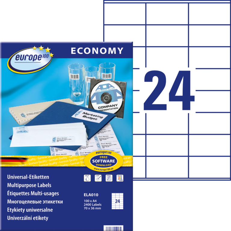 Lipnios etiketės Avery Europe, A4, 70x36mm, 24 etiketės lape, 100 lapų, baltos spalvos