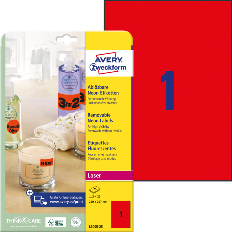 Lipnios etiketės Avery Zweckform, A4, 210x297mm, 25 lapai, neoninės raudonos spalvos