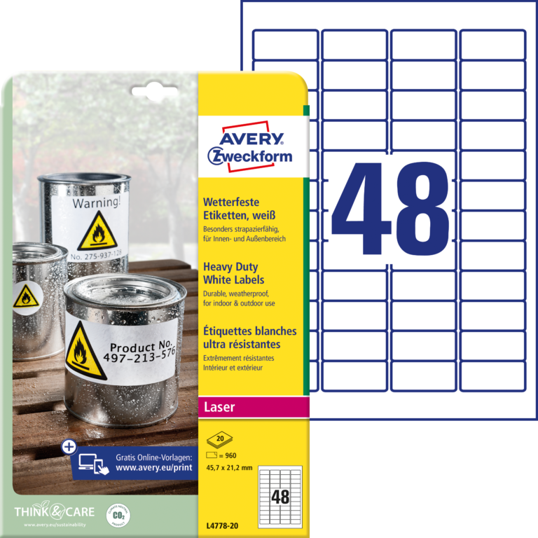 Lipnios etiketės Avery Zweckform, A4, atsparios drėgmei, 45,7×21,2mm, 48 etiketės lape, 20 lapų, baltos spalvos