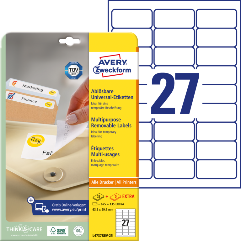 Lipnios etiketės Avery Zweckform, A4, nuimamos, 63.5×29.6mm, 27 etiketės lape, 25 lapai