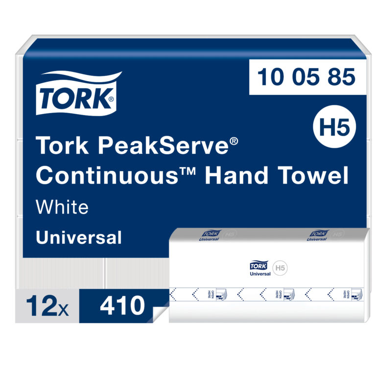 Popieriniai rankšluosčiai Tork PeakServe Continuous H5 (100585), 1 sluoksnio, baltos spalvos, lapeliais