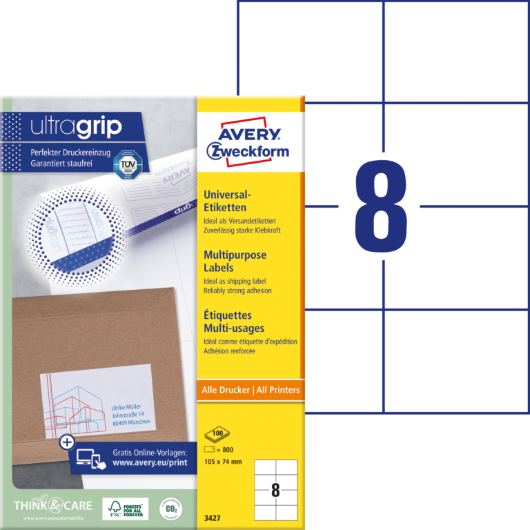 Lipnios etiketės Zweckform, 105x74mm, 8 etiketės lape, be rėmelio, 100 lapų, baltos spalvos