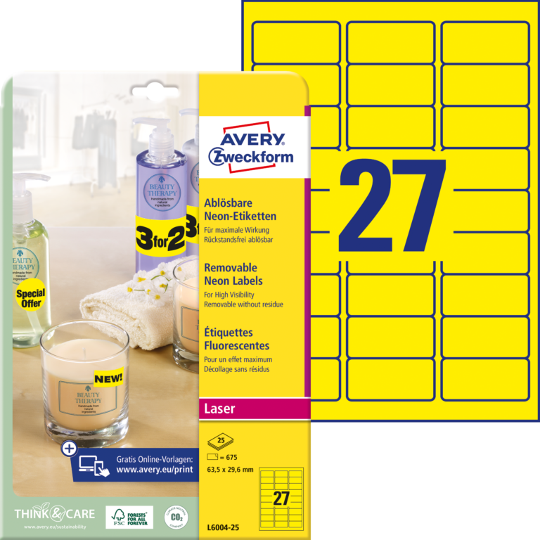 Lipnios etiketės Avery Zweckform, A4, 63.5×29.6mm, 25 lapai, neoninės geltonos spalvos