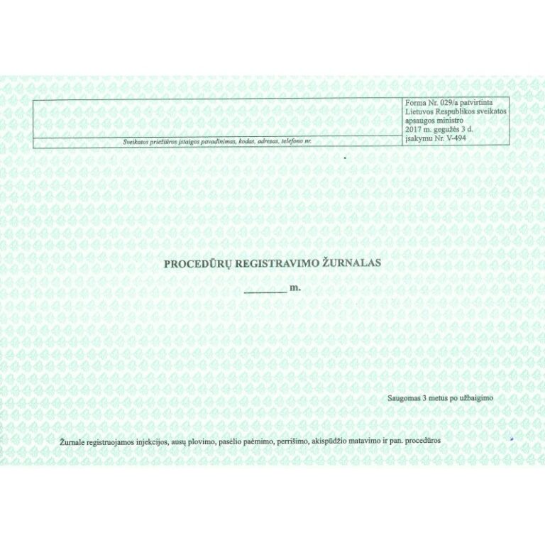 Procedūrų registravimo žurnalas Forma Nr.029/a