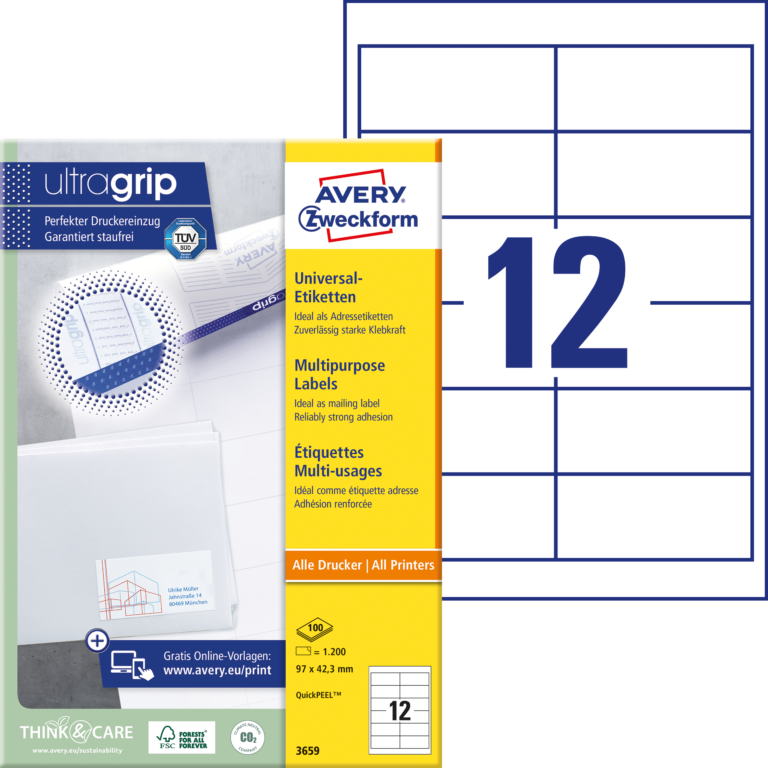 Lipnios etiketės Avery Zweckform, A4, 97×42,3mm, 12 etikečių lape, 100 lapų, baltos spalvos