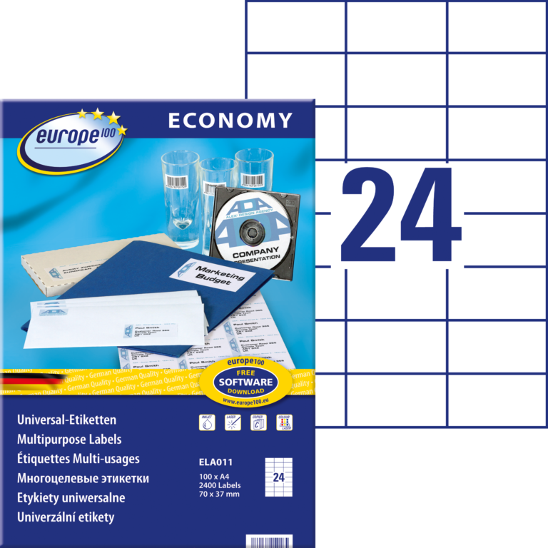 Lipnios etiketės Avery Europe, A4, 70x37mm, 24 etiketės lape, be rėmelio, 100 lapų, baltos spalvos