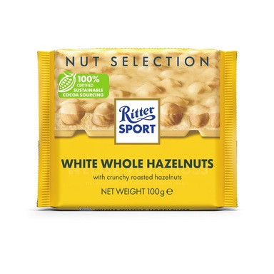 Baltas šokoladas Ritter Sport, su neskaldytais lazdynų riešutais, 100g