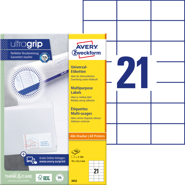 Lipnios etiketės Avery Zweckform. A4. 70×42.3mm. 21 etiketė lape. be rėmelio. 100 lapų. baltos spalvos