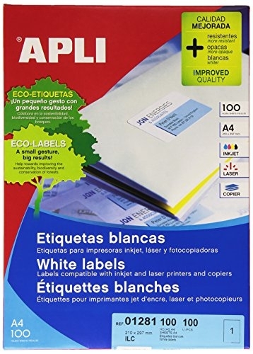 Lipnios etiketės Apli, A4, 210x297mm, 1 etiketė lape, 100 lapų, baltos spalvos Lipnios etiketės Apli, A4, 210x297mm, 1 etiketė lape, 100 lapų, baltos spalvos