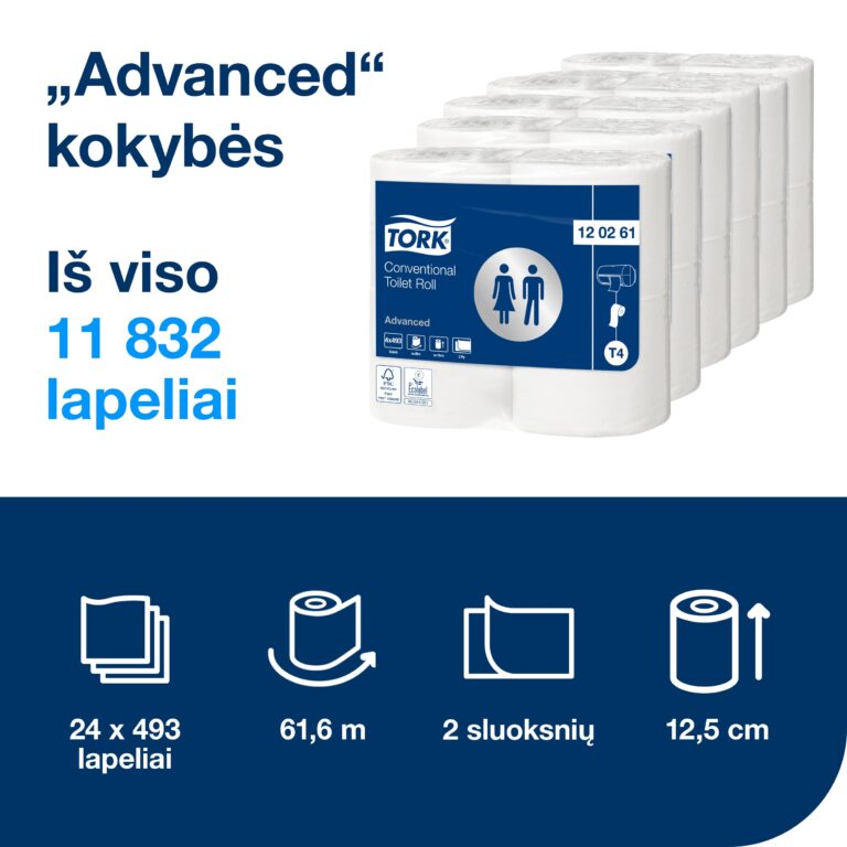 Tualetinis popierius Tork Advanced Extra Long T4, 120261, 2 sluoksniai, 69,4m, 496 lapeliai, baltos spalvos, 4vnt