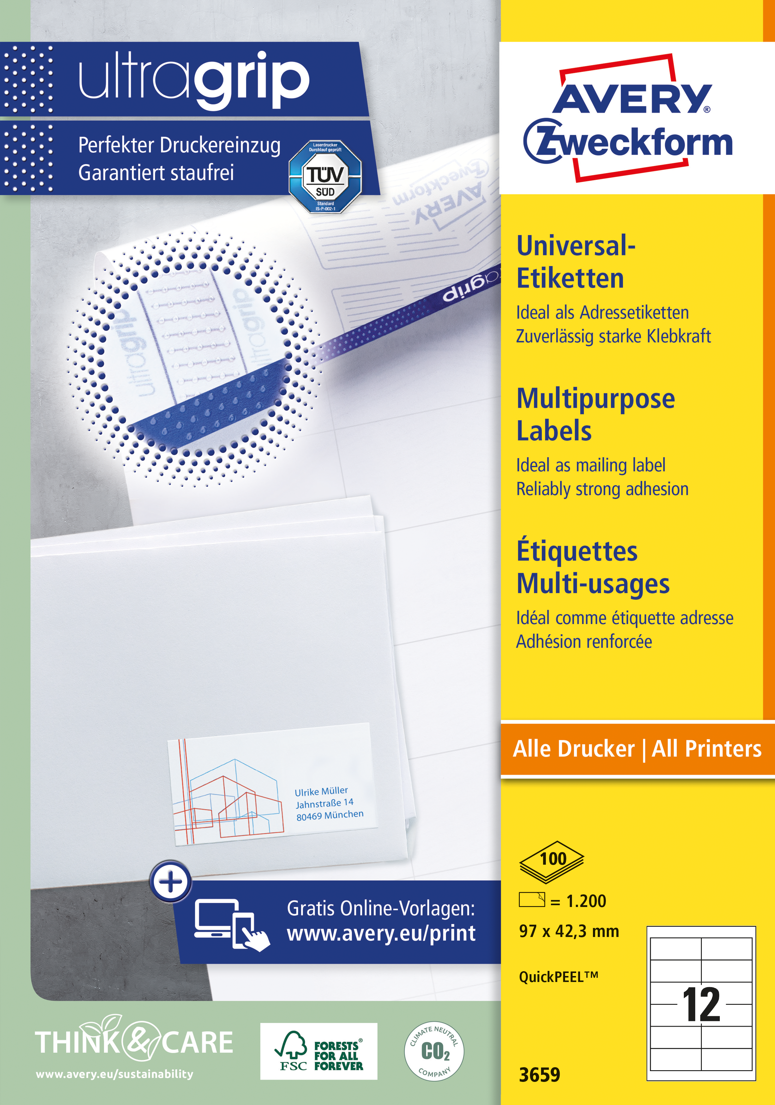 Lipnios etiketės Avery Zweckform, A4, 97×42,3mm, 12 etikečių lape, 100 lapų, baltos spalvos Lipnios etiketės Avery Zweckform, A4, 97×42,3mm, 12 etikečių lape, 100 lapų, baltos spalvos