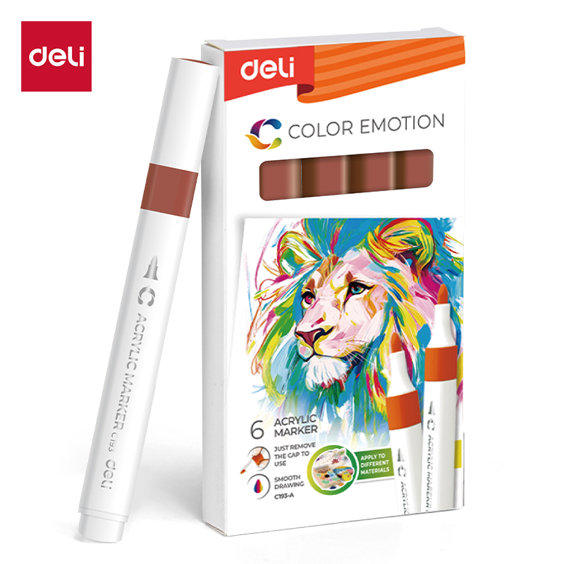 Deli Color Emotion 38 rudas akrilo žymeklis Rudai pažymėtas baltas Deli Color Emotion akrilo žymeklis prie pakuotės su šešiais rudais atspalviais ir liūtu