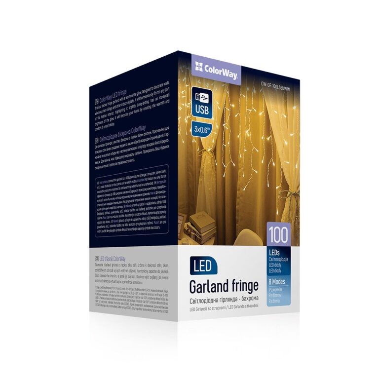 LED girlianda „ColorWay Fringe“ 3 m x 0,6 m, 100 LED (IP20), šilta spalva, USB