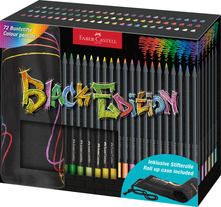 Spalvoti pieštukai Faber-Castell Black Edition, 72 spalvos su suvyniojamu dėklu