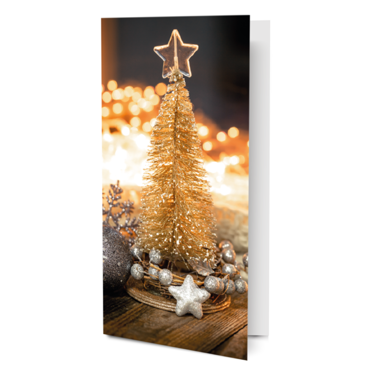 Kalėdinė sveikinimo atvirutė su auksine egle