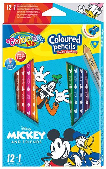 Spalvoti pieštukai Disney Mickey and Friends, trikampiai, 12 +1 spalvos, su drožtuku