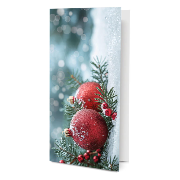 Atvirukas su raudonais žaislais ant sniego