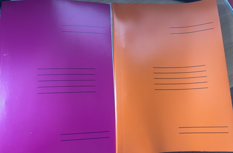 *Kartoninis segtuvėlis su spauda A4, su įsegėle, oranžinės ir violetinės spalvos