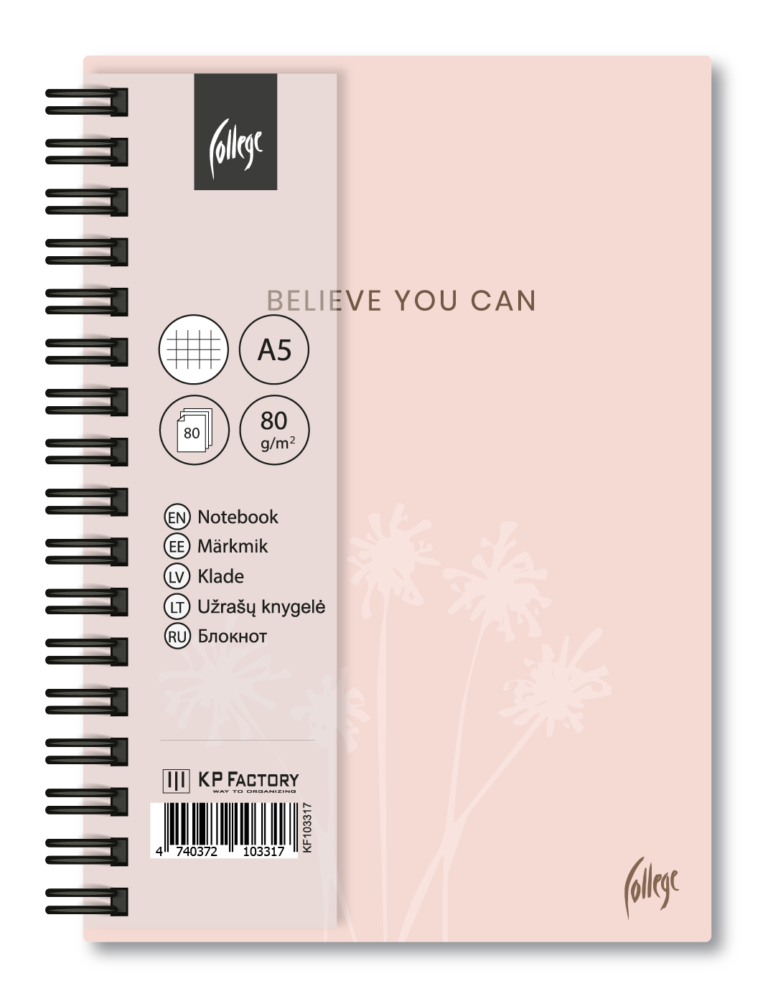 Bloknotas College, A5 80lapų, langeliais, su spirale, rožinės spalvos