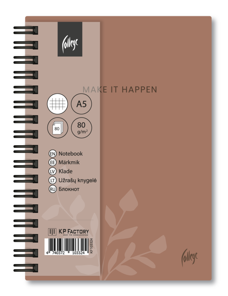 Bloknotas College Mocha, A5 80lapų, langeliais, su spirale