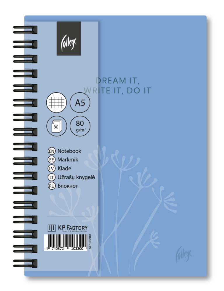 Bloknotas College Blue, 80lapų, A5, langeliais, su spirale