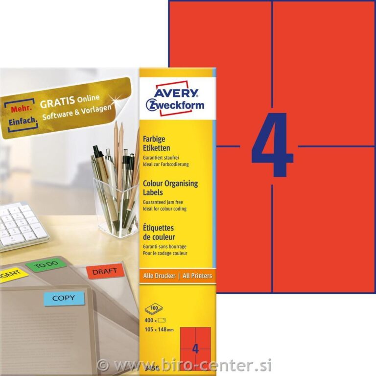 *Lipnios etiketės Avery Zweckform, 105x148mm, 4 etiketės lape, 100 lapų, raudonos spalvos