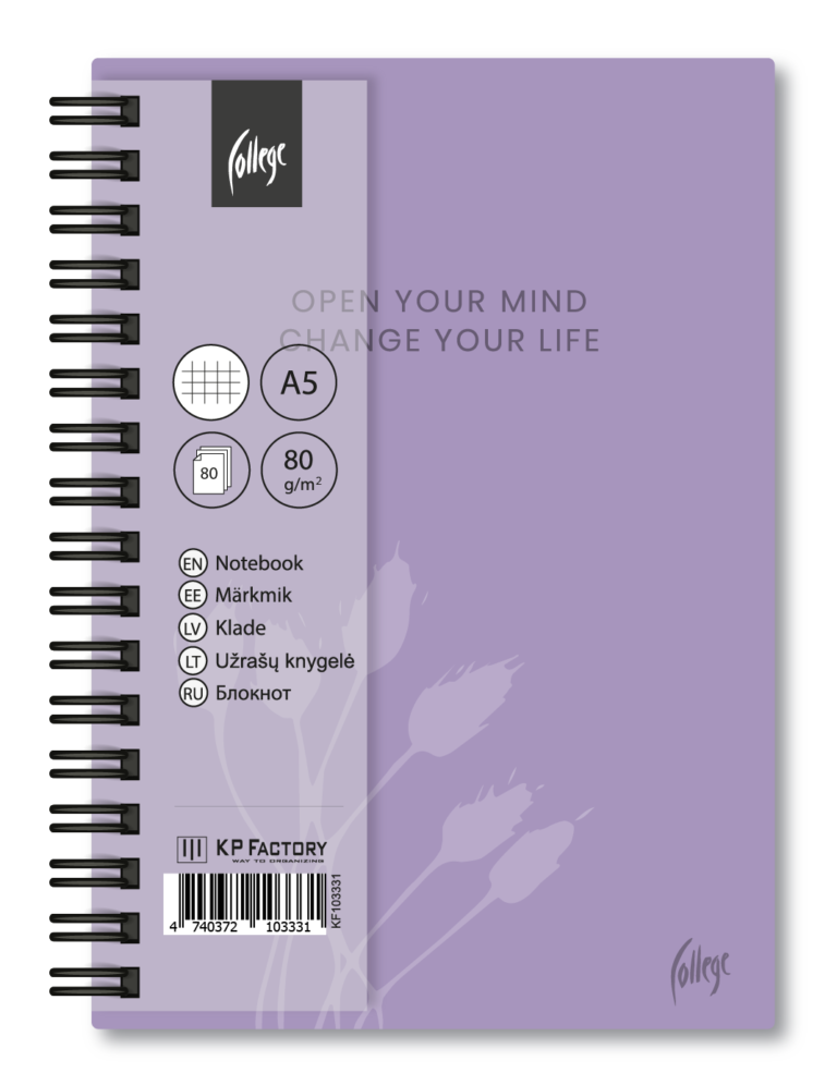 Bloknotas College, A5 80lapų, langeliais, su spirale, violetinės spalvos