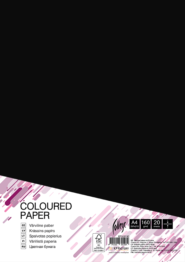 Kartonas College A4/20l, juodos spalvos B100, 160g/m2, palaidi lapai