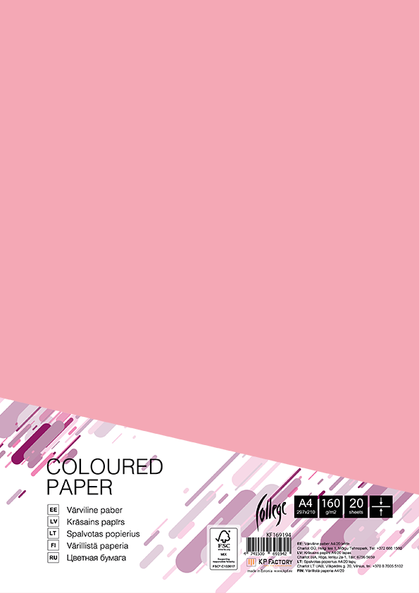 Spalvotas kartonas College A4 20 lapų, 160g/m2, rožinės spalvos PI25