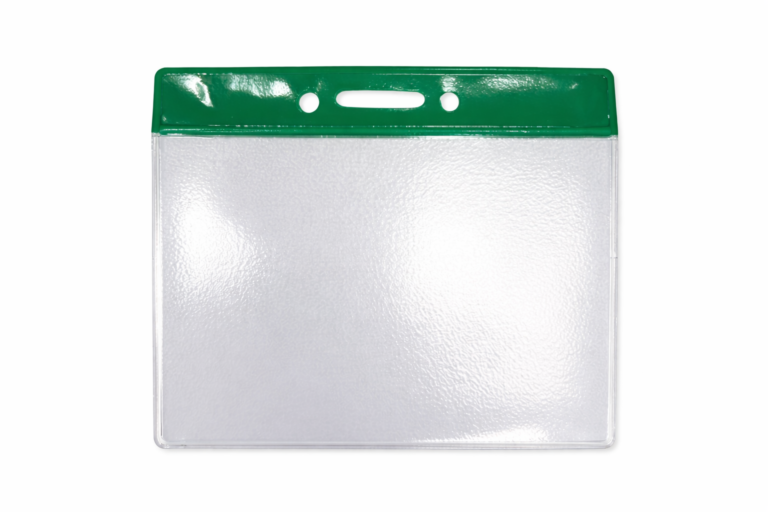 Dėklas vardinei kortelei iš PVC, 55x90mm, horizontalus, tamsiai žalios spalvos kraštelis