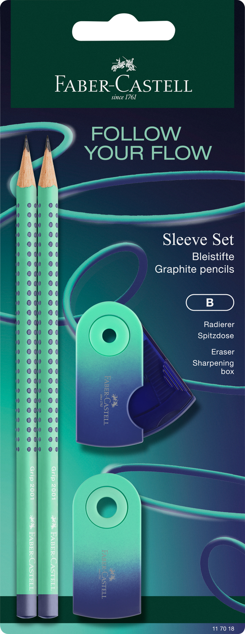 Harilik pliiats Faber-Castell Flow Edition Buzzing Blue HB 2tk + kustukumm ja teritaja blistris
