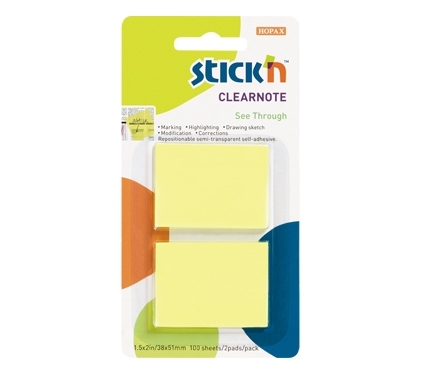 *Lipnūs lapeliai Stick´N 21099, 38x51mm, 2 spalvos po 50vnt, skaidrūs, geltonos spalvos, blisteryje