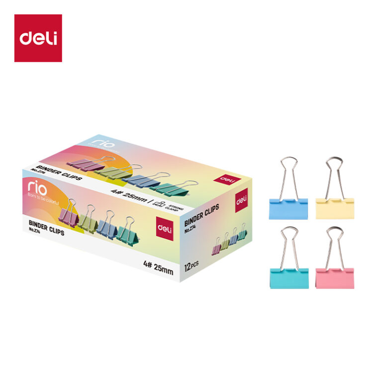 Metaliniai spaustukai DELI Rio 25mm, 12 vnt./pak., įvairių spalvų