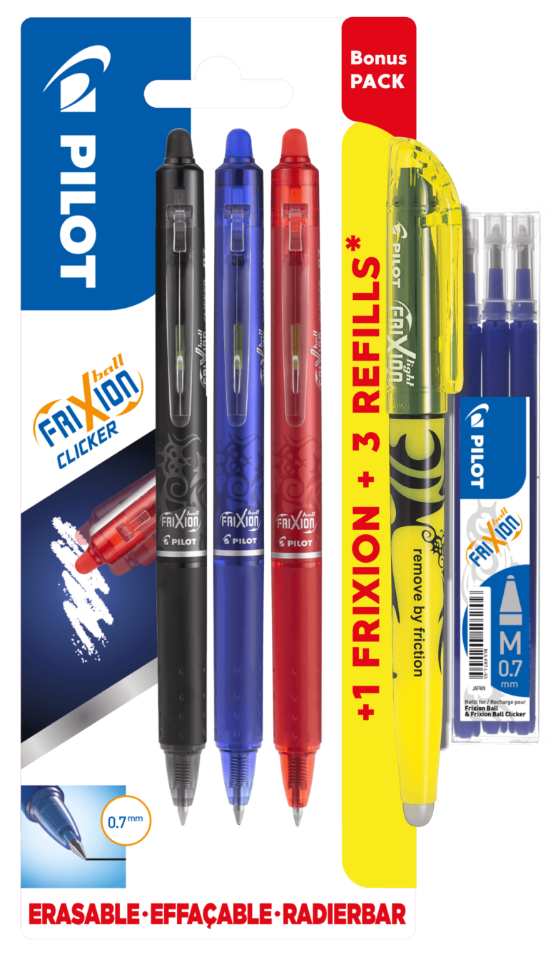 Gelinis rašiklis Pilot Frixion Clicker 0,7 mm, ištrinamas, 3 vnt./pakuotėje + geltonas teksto žymeklis + šerdelės blisteryje