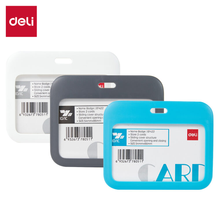 Dėklas vardinei kortelei DELI 100x80mm horizontalus, su kaklajuoste, įvairių spalvų