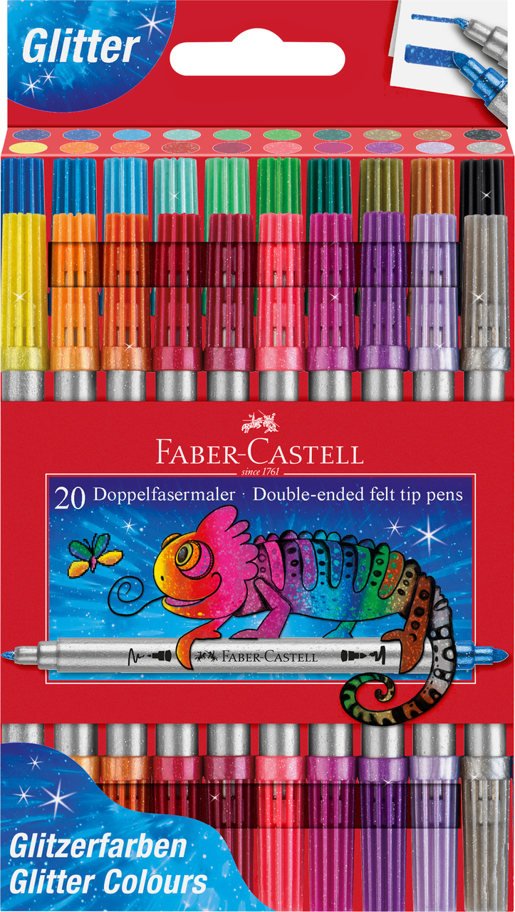 Flomasteriai Faber-Castell, 2 antgalių, 20 spalvų, blizgučiai